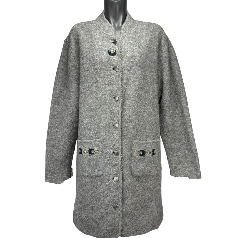 PENMANS Vintage 100% Boiled Wool Long Cardigan Embroidered Gray‎ Sweater L